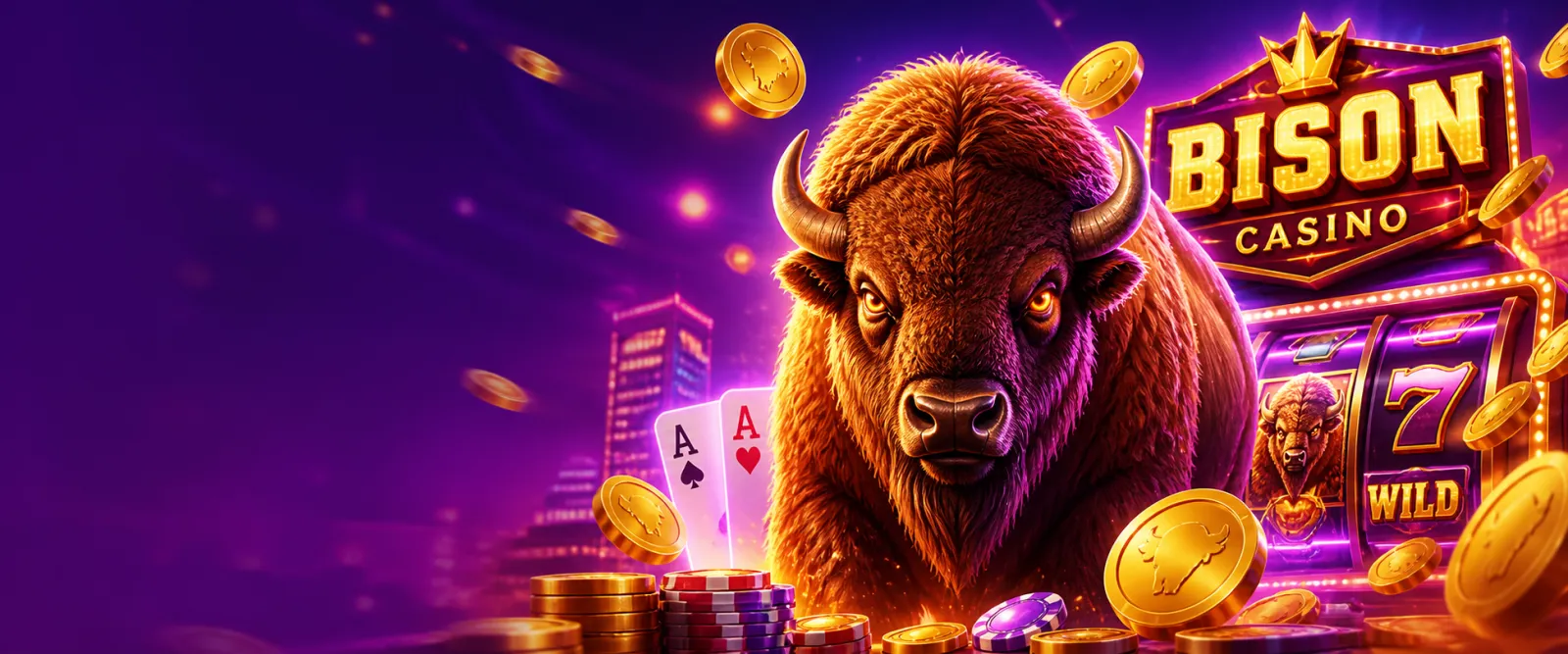 Dynamic promotional banner for Bison Casino featuring theme-inspired visuals and color palette